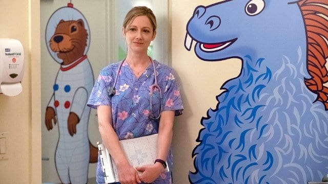 Jill as a nurse on childrens ward in Kidding