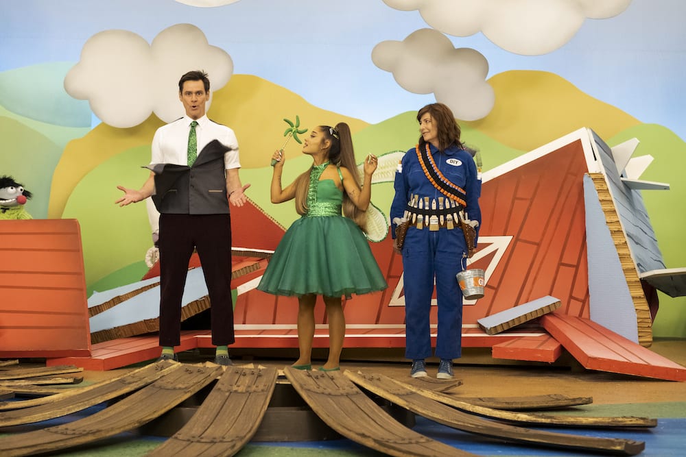 Jim Carrey, Ariana Grande & Catherine Keener in a musical number
