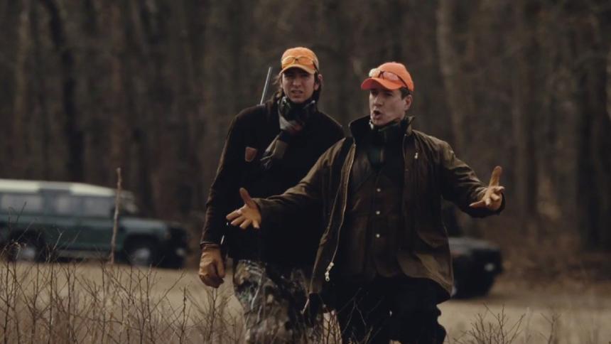 Greg and Tom out in full hunting gear in Succession S2E3.